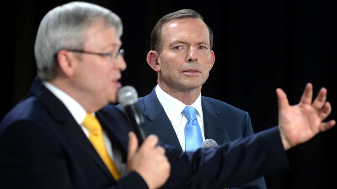 Tony Abbott and Kevin Rudd during the Sky News People's Forum debate