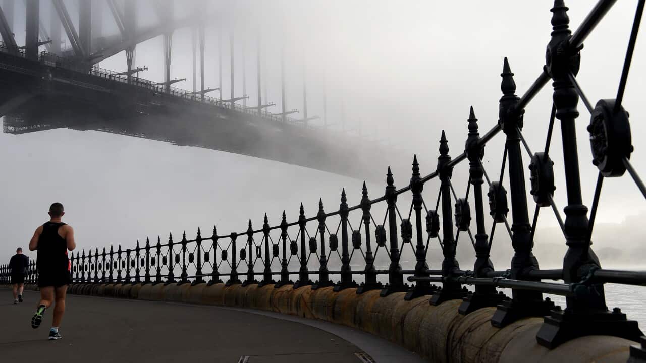 The Sydney Harbour Bridge shrouded in thick morning fog.