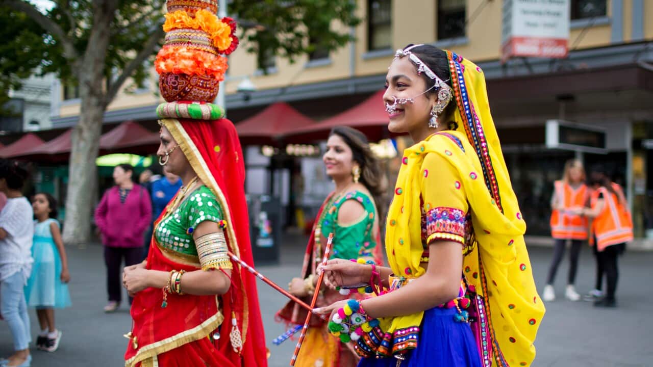 South Asian women in traditional dress for the Parramasala Festival Parade in Sydney