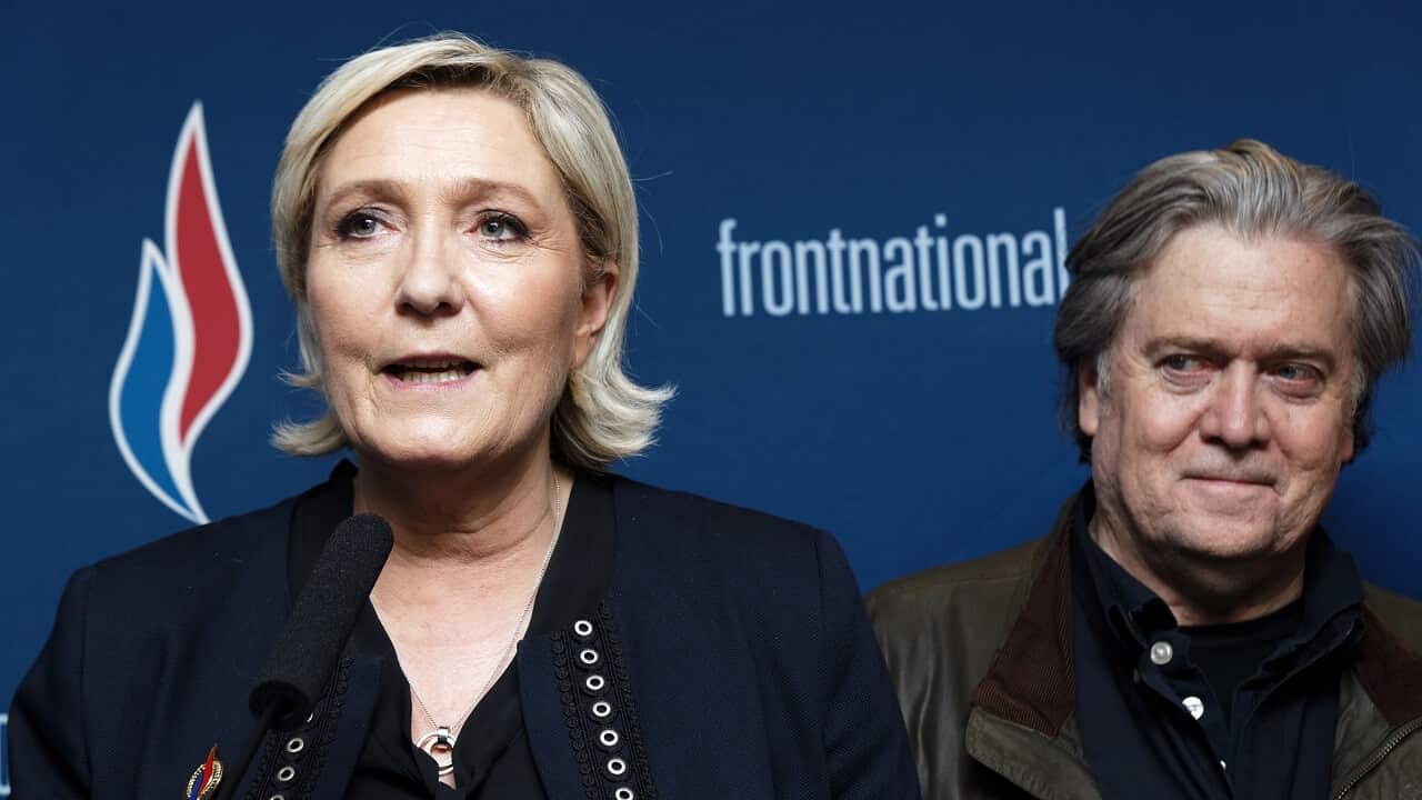 Front National (FN) president Marine Le Pen and former US President advisor Steve Bannon at the party annual congress on March 10, 2018.