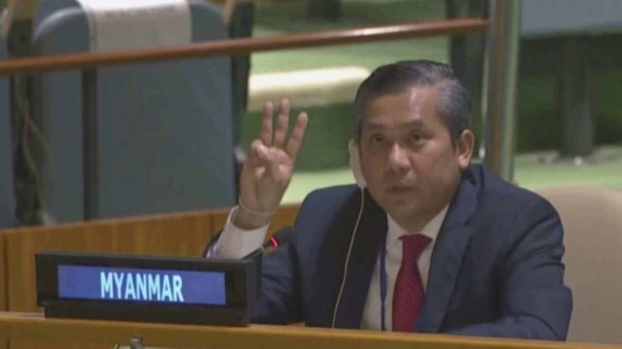 Myanmar Ambassador to the UN Kyaw Moe Tun flashes the three-fingered salute at the end of his speech before the UN General Assembly on 27 February, 2021.