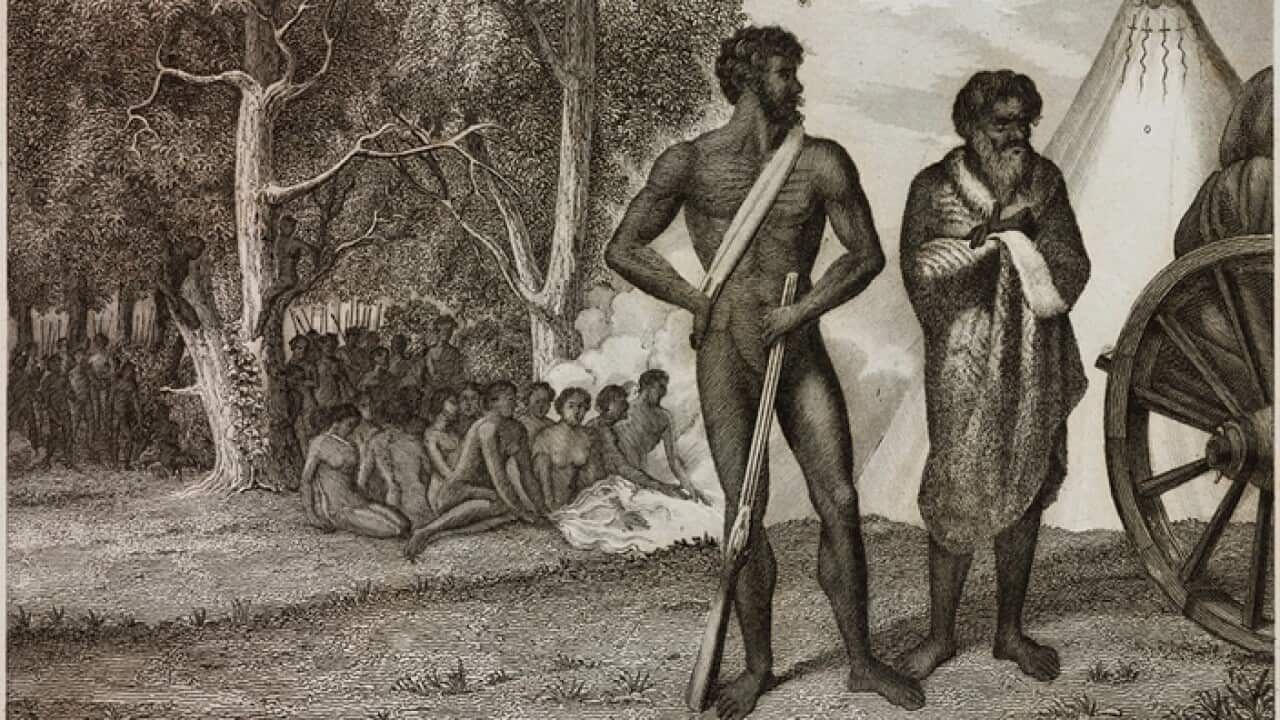 A nineteenth century engraving ot an aboriginal camp by Marmocchi