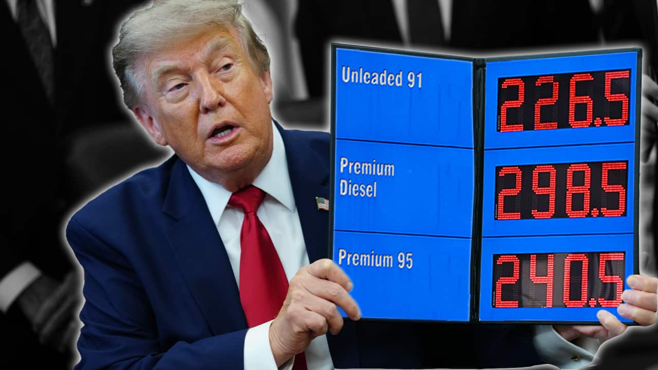In an edited image, Trump holds up folder in his office that contains a list of red petrol prices.
