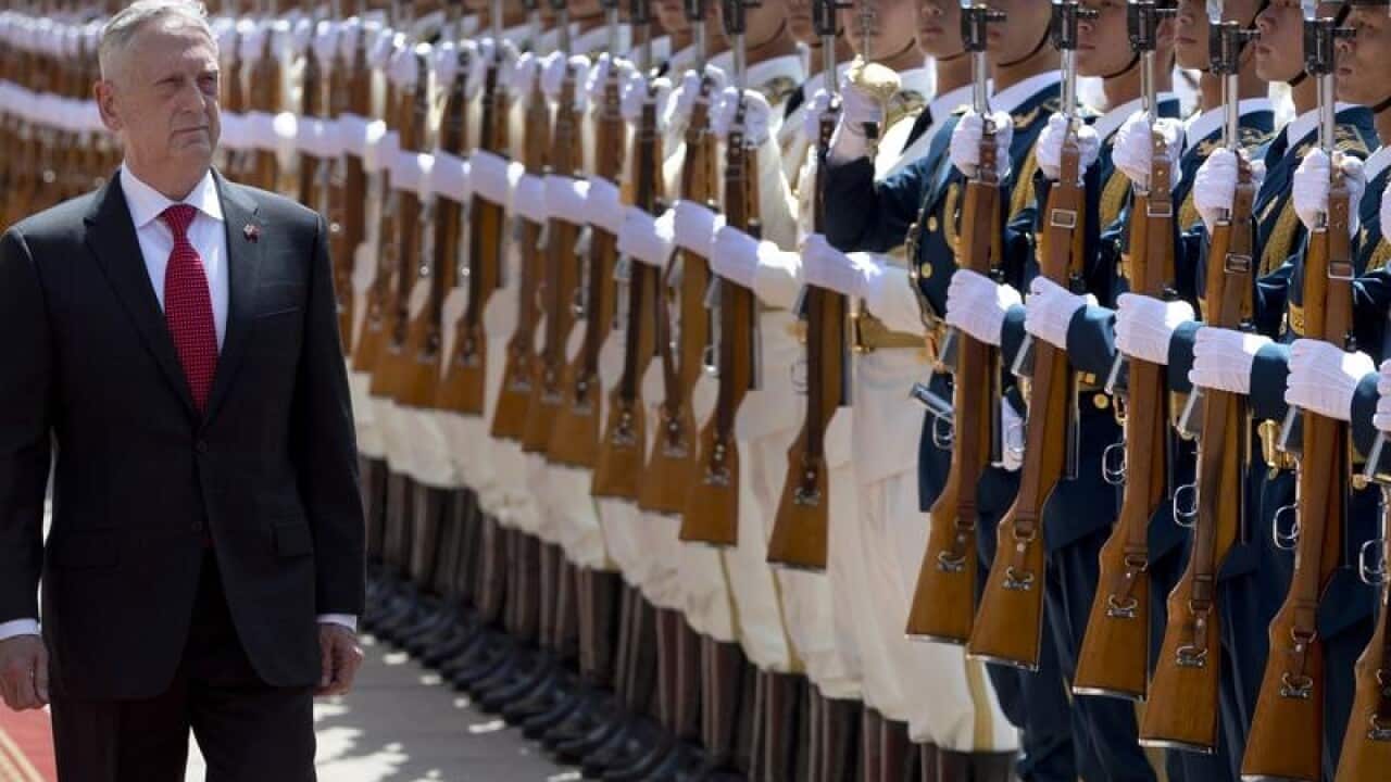 US Defence Secretary Jim Mattis reviews a Chinese honour guard