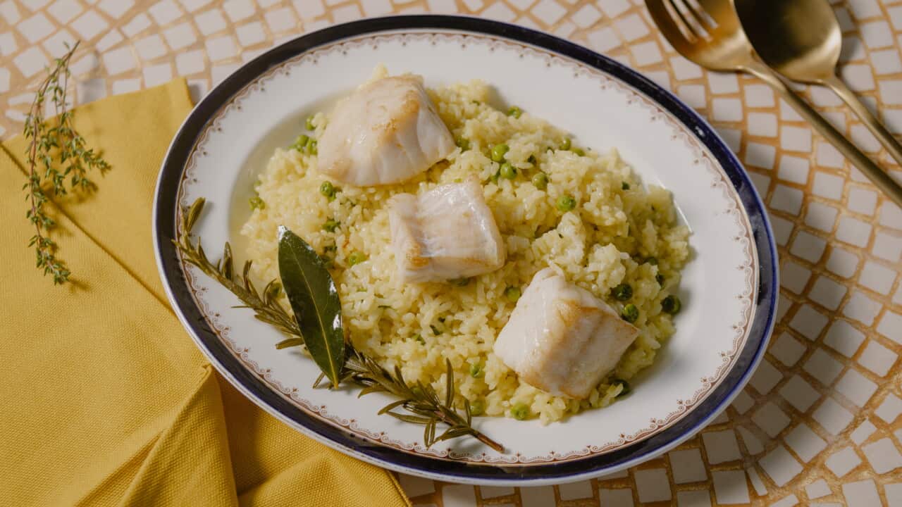 Ling with saffron rice and peas