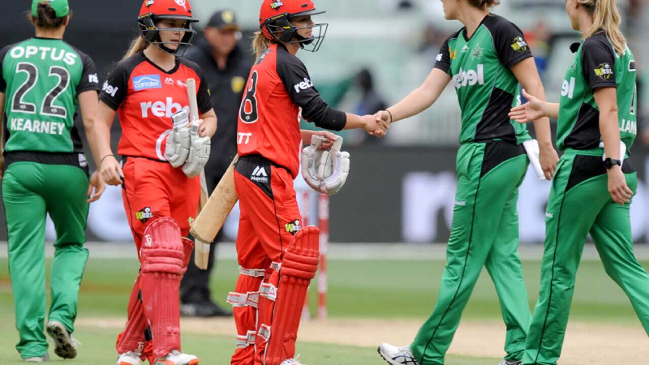 Sophie Molineux and Danielle Wyatt of the Renegades are congratulated