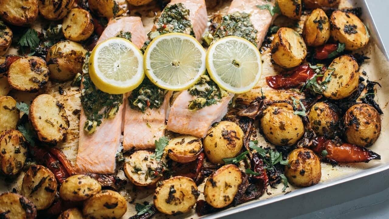 Roasted battata harra with salmon