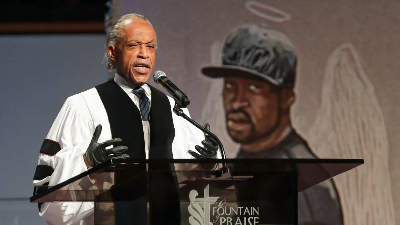 The Rev. Al Sharpton speaks during the funeral for George Floyd on Tuesday, June 9, 2020, at The Fountain of Praise church in Houston. (Godofredo A. Vásquez/Houston Chronicle via AP, Pool)
