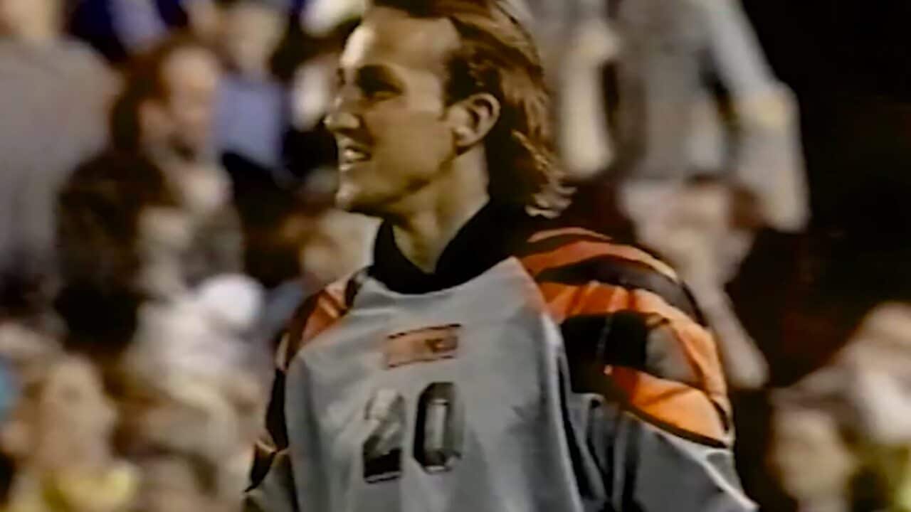 Mark Schwarzer reacts after saving a penalty against Canada in 1993
