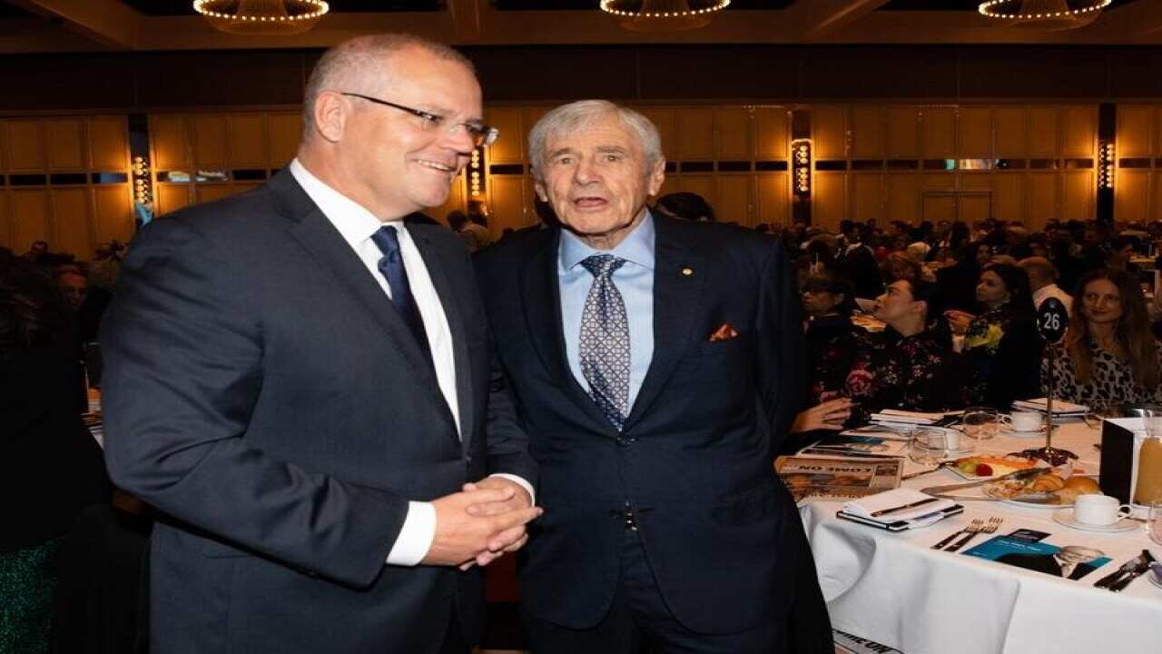 Prime Minister Scott Morrison with Seven West chairman Kerry Stokes.
