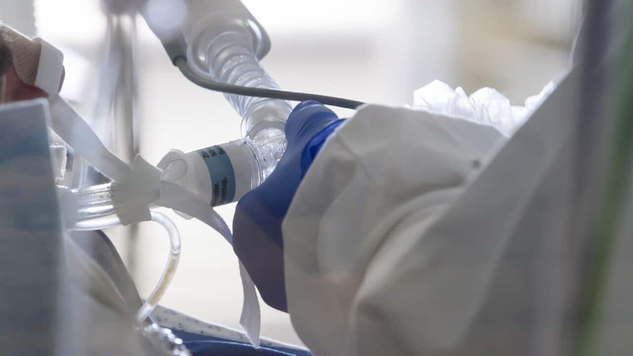 An intubated patient inside the intensive care unit