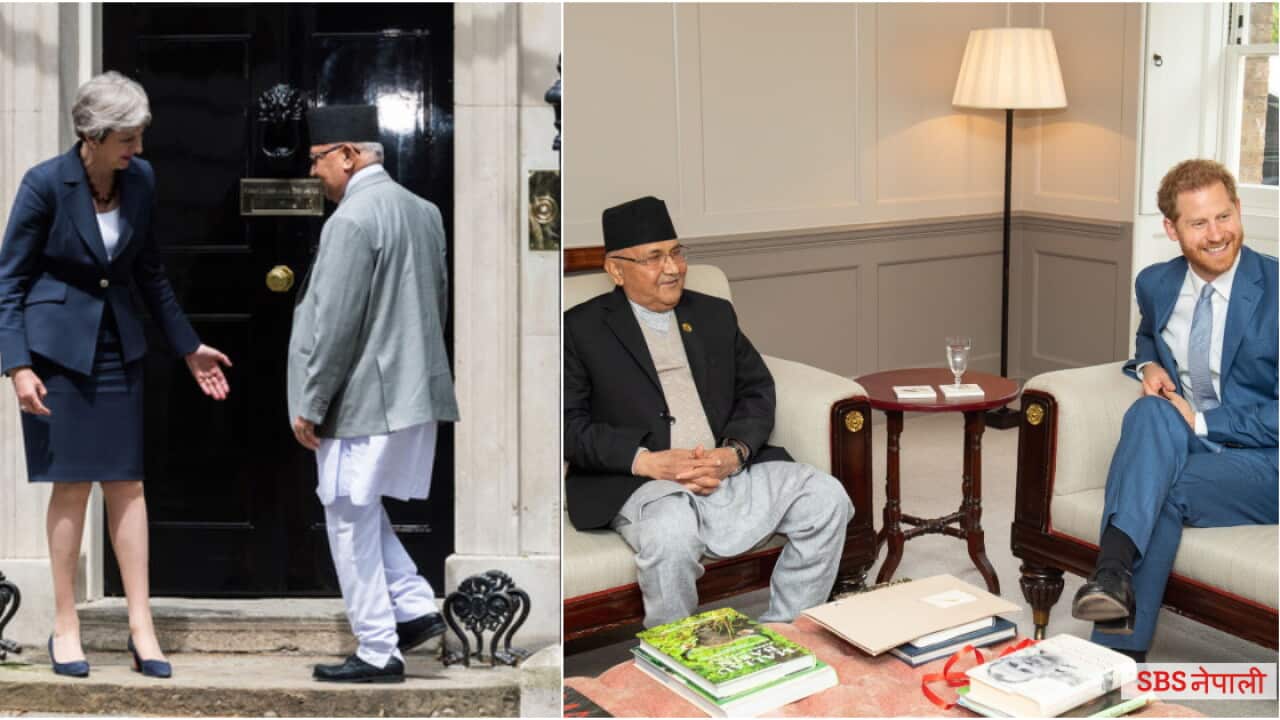 Nepal's PM met his British counterpart May (left) and Duke of Sussex(right)