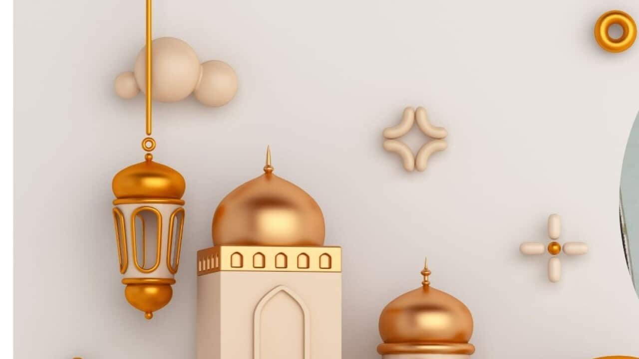 Eid al adha islamic decoration background with goat sheep arabic lantern crescent mosque