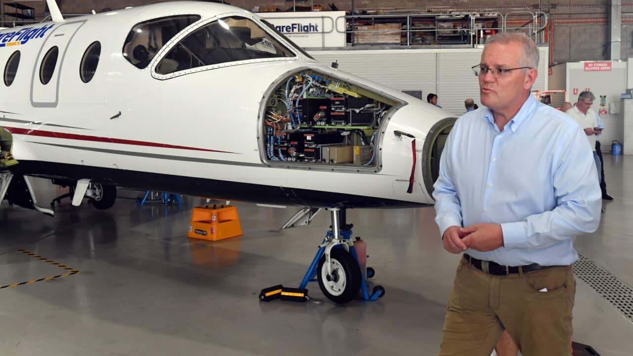 Prime Minister Scott Morrison at the Careflight Hangar on Day 37 of the 2022 federal election campaign, in Darwin, in the seat of Solomon. Tuesday, May 17, 2022. (AAP Image/Mick Tsikas) NO ARCHIVING