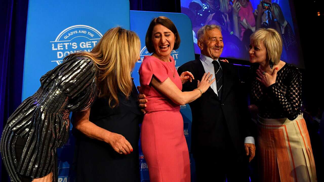 New South Wales Liberal leader Gladys Berejiklian celebrates with sister Mary (left) mother Arsha and father Krikorat and sister Rita.