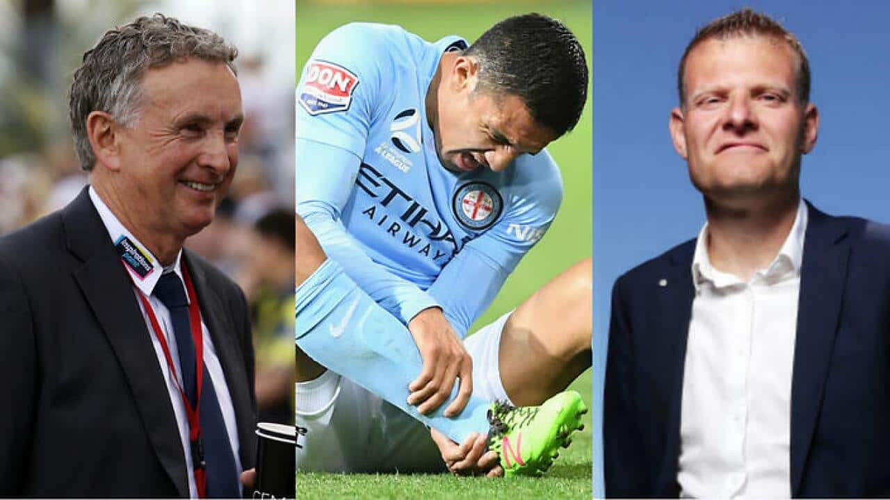 Ernie Merrick (L), Tim Cahill (C) and Josep Gombau (R)