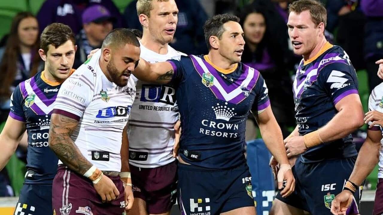 Billy Slater (C) drags out Dylan Walker from a fight
