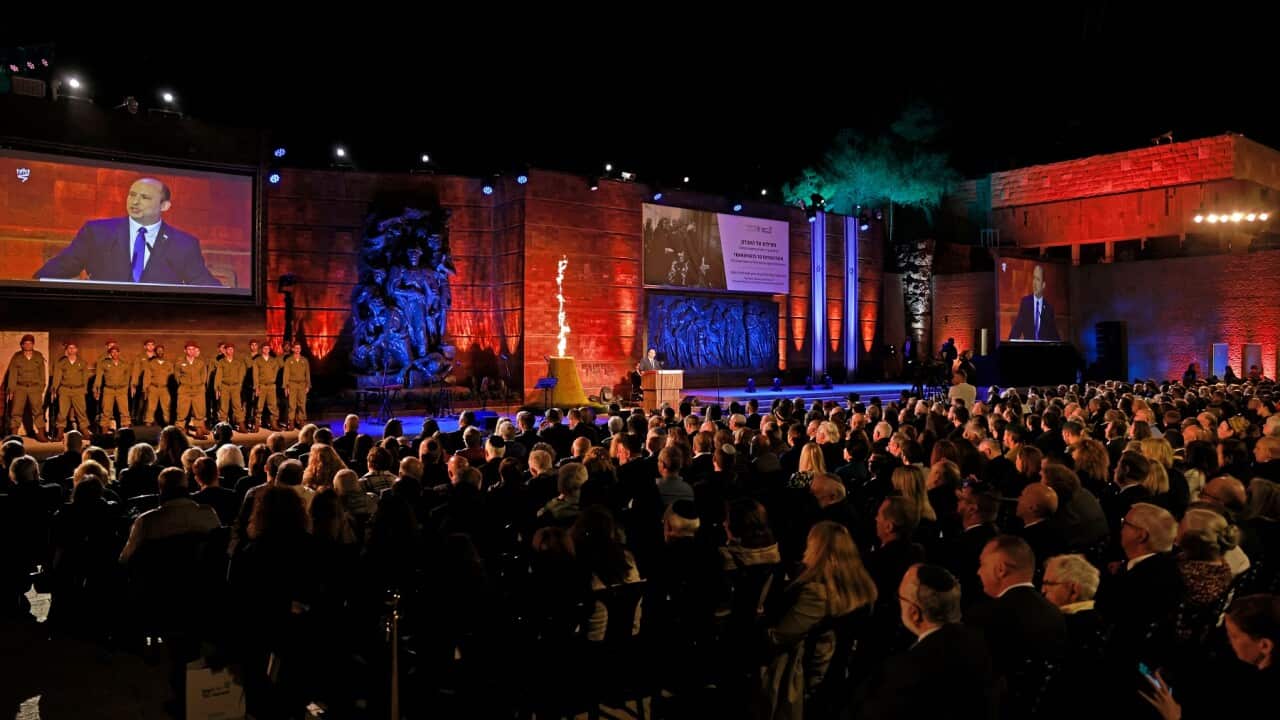 Israel's Prime Minister Naftali Bennett addressing a service in Jerusalem marking Holocaust Remembrance Day