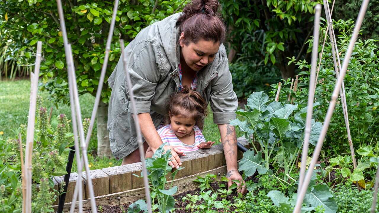 Indigenous women helping her young daughter in the garden