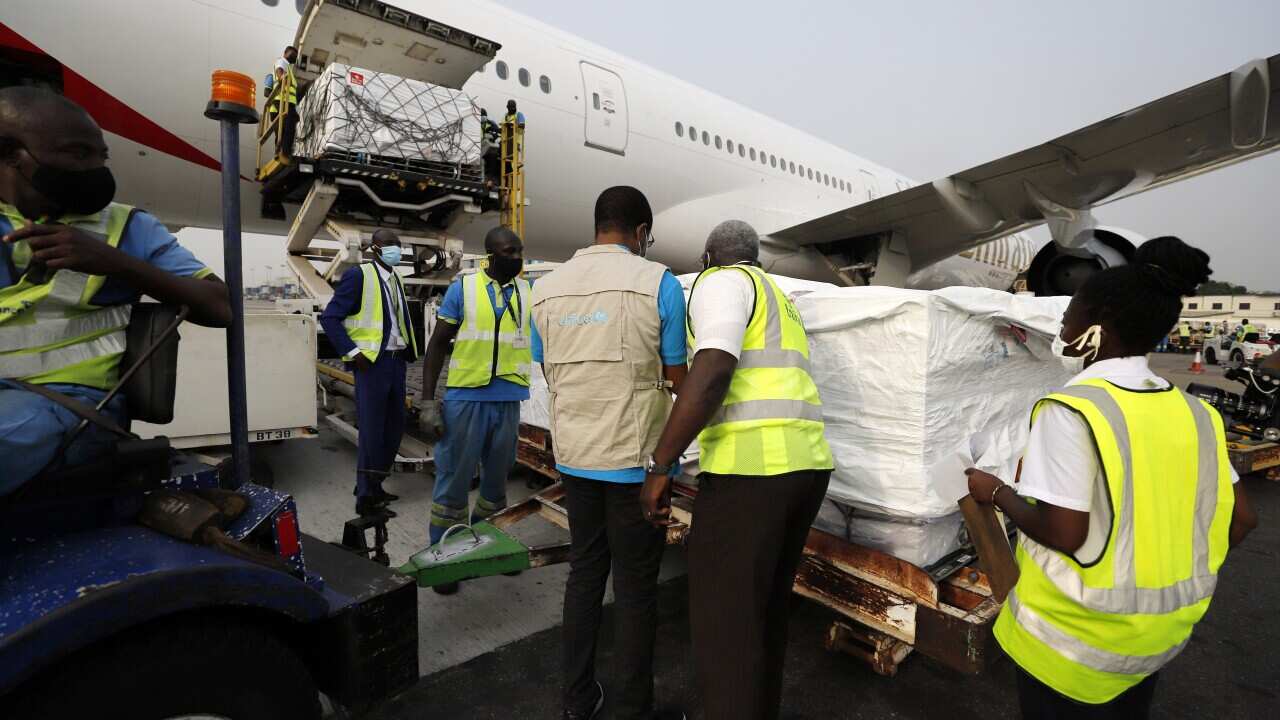 The first shipment of COVID-19 vaccines arrive at the Kotoka International Airport in Accra, Ghana, on 24 February.