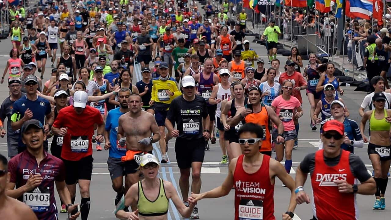 Runners head to the finish line in the 121st Boston Marathon on Monday, April 17, 2017, in Boston. 