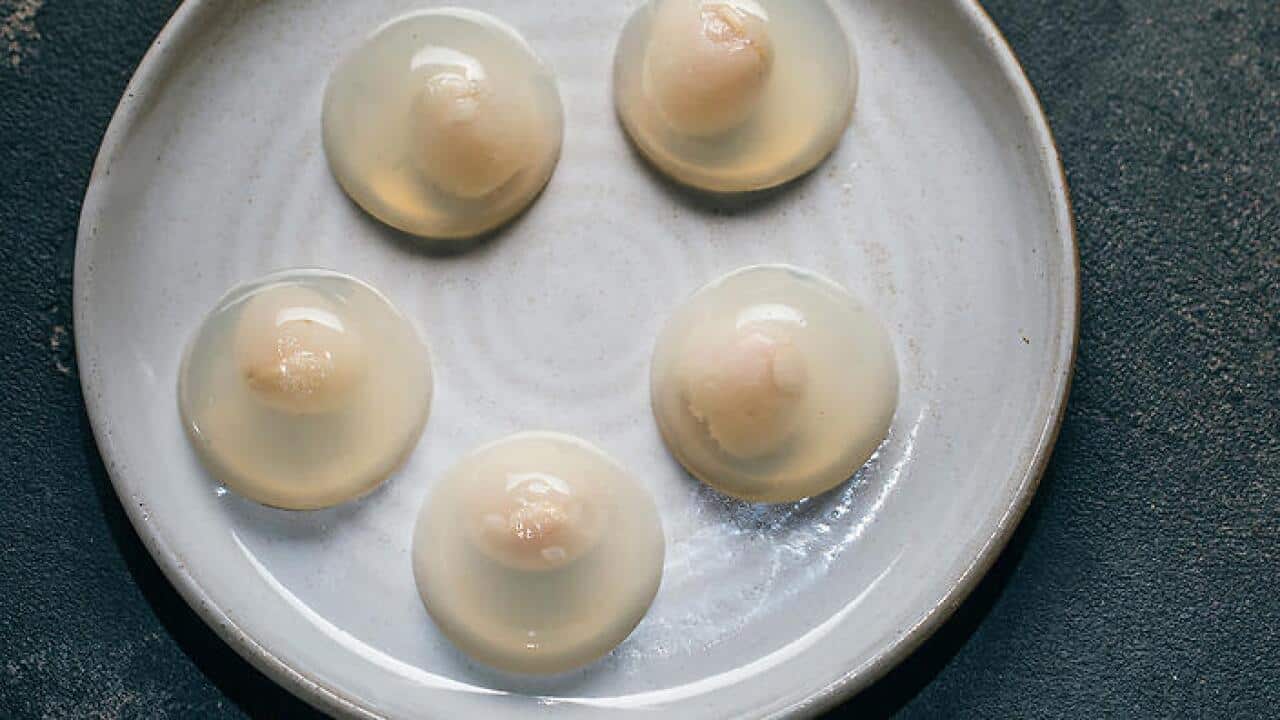 Coconut water and lychee jellies.