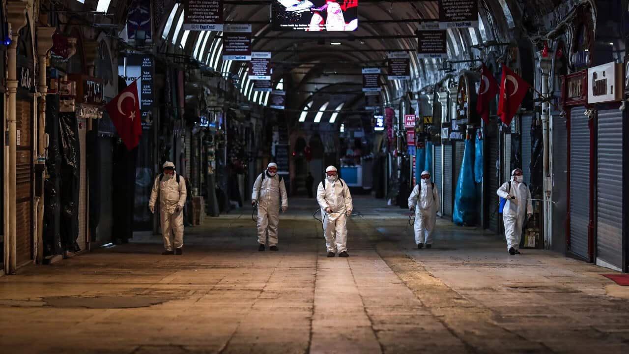 Employees of the Grand Bazaar cleaning department disinfect streets and shops inside Istanbul's famous Grand Bazaar to prevent the spread of COVID-19 in Turkey