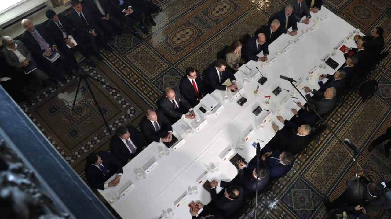 A file image of the US and Chinese trade delegations during talks