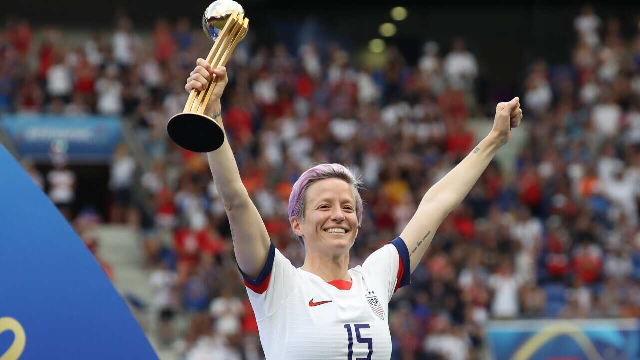 Megan Rapinoe of USA celebrates with her award after the final whistle of the FIFA Women's World Cup match at Stade de Lyon, Lyon. Picture date: 7th July 2019. Picture credit should read: Jonathan Moscrop/Sportimage via PA Images.
