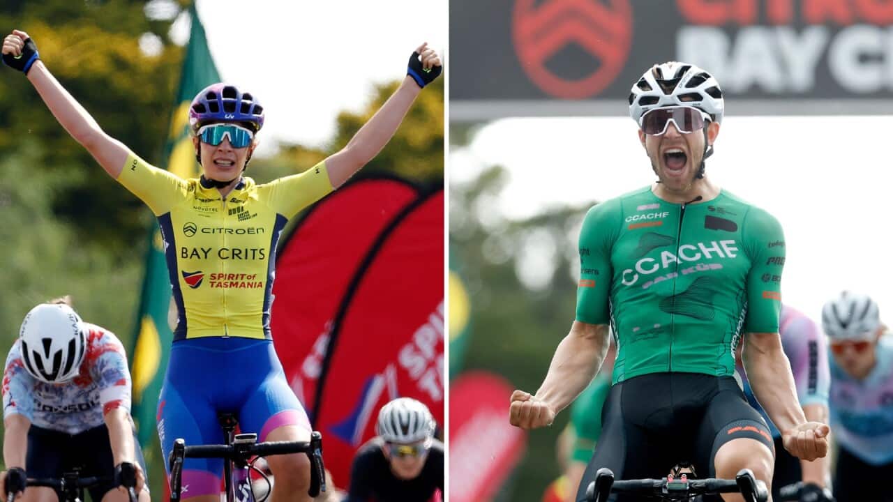 (L to R) Ruby Roseman-Gannon and Graeme Frislie win Stage 2 of the 2023 Citroen Bay Crits