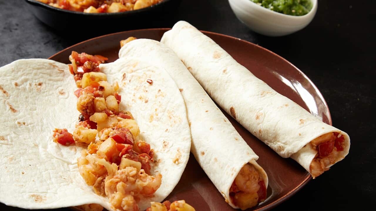 Prawn machaca and potato burritos