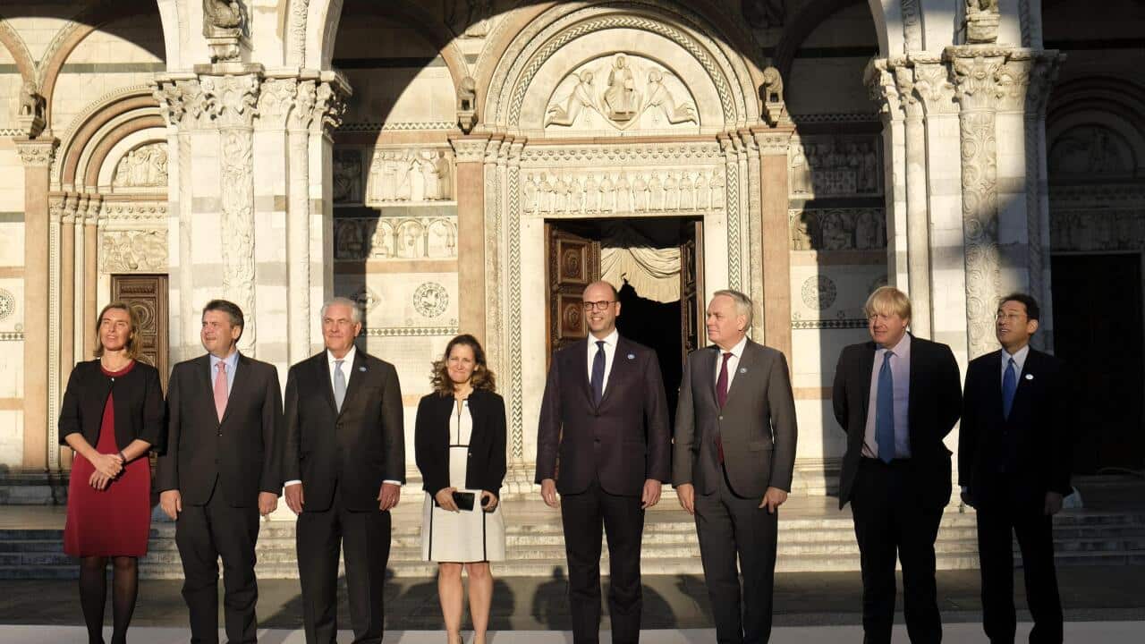 The family photo at the meeting of Foreign Ministers of the G7 countries in Lucca, Italy, Italy, Monday, April 10, 2017.