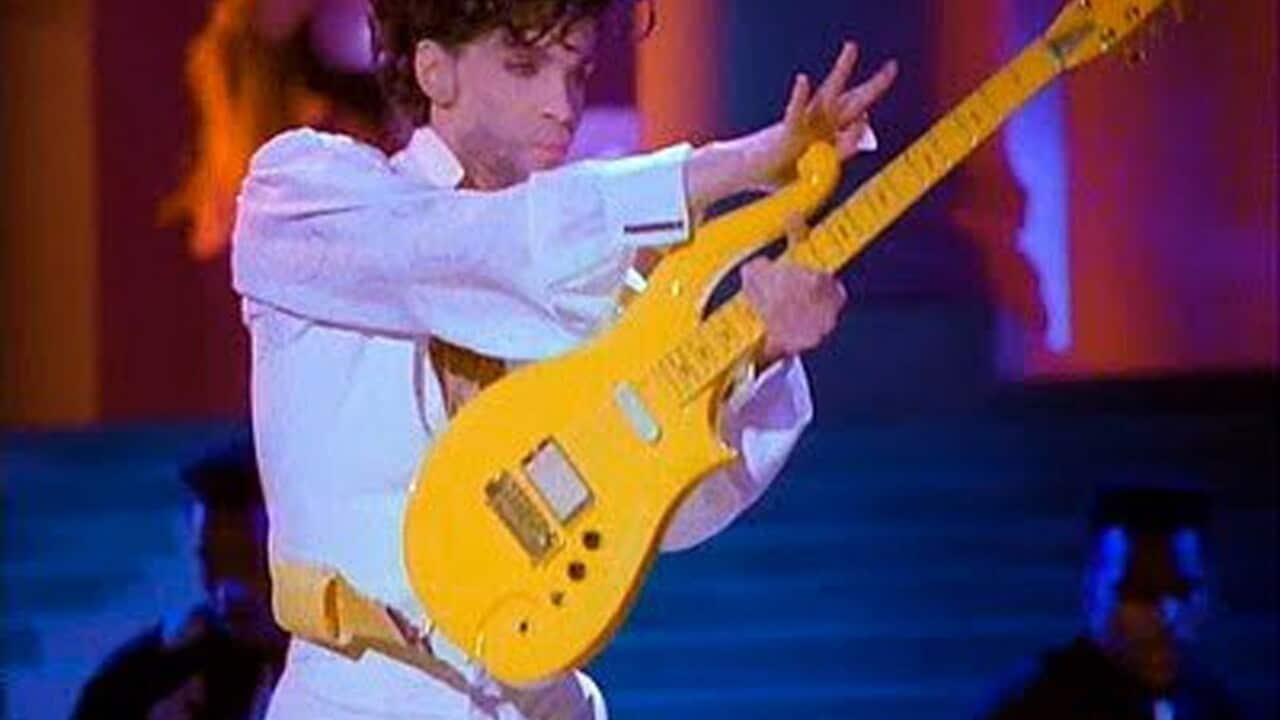 Prince playing his Yellow Cloud electric guitar. Indianapolis Colts owner Jim Irsay purchased the Yellow Cloud electric guitar Prince used until the mid-90's.