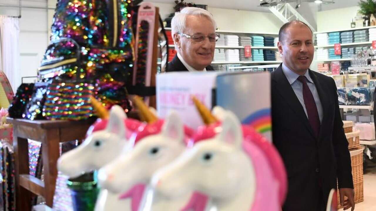 Federal Treasurer Josh Frydenberg (right) and Australian Retailers Association Executive Director Russell Zimmerman
