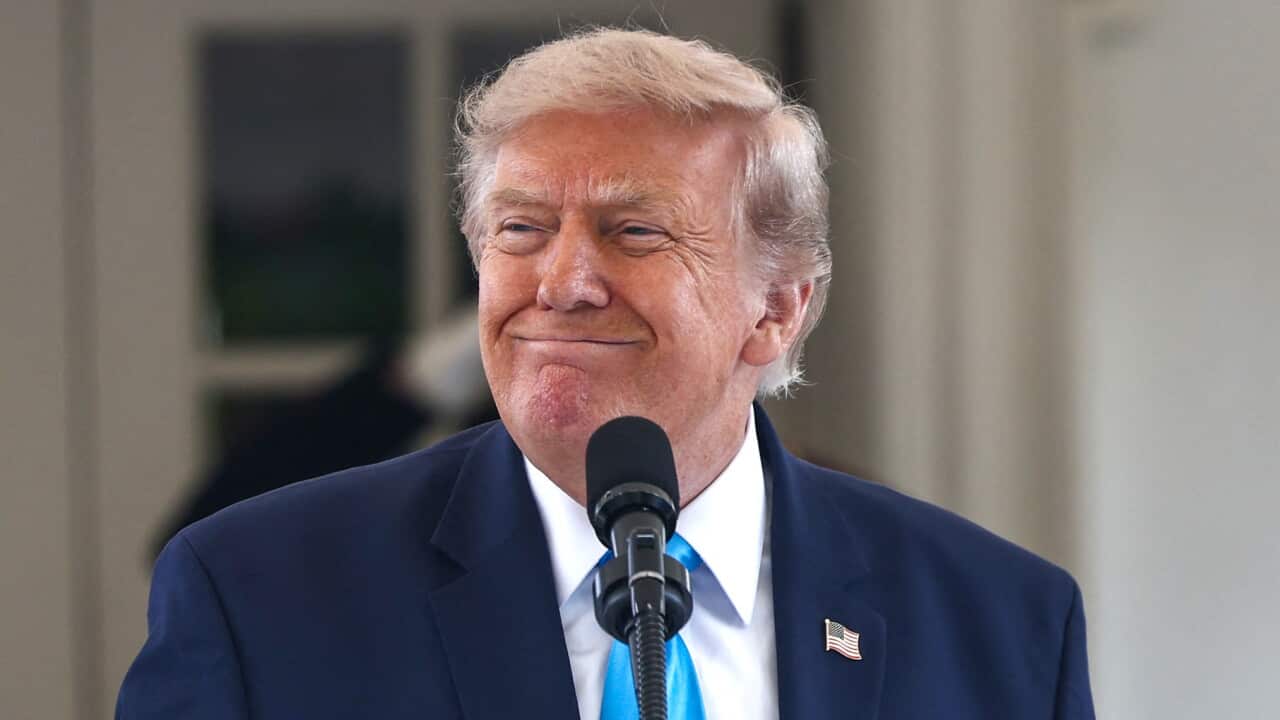 Trump wearing a suit and a blue tie, smiling.