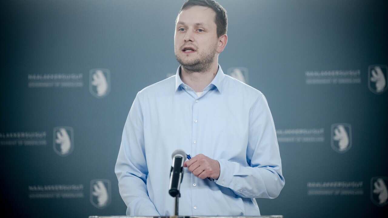 Greenland's Prime Minister Jens-Frederik Nielsen holds a press conference in Nuuk