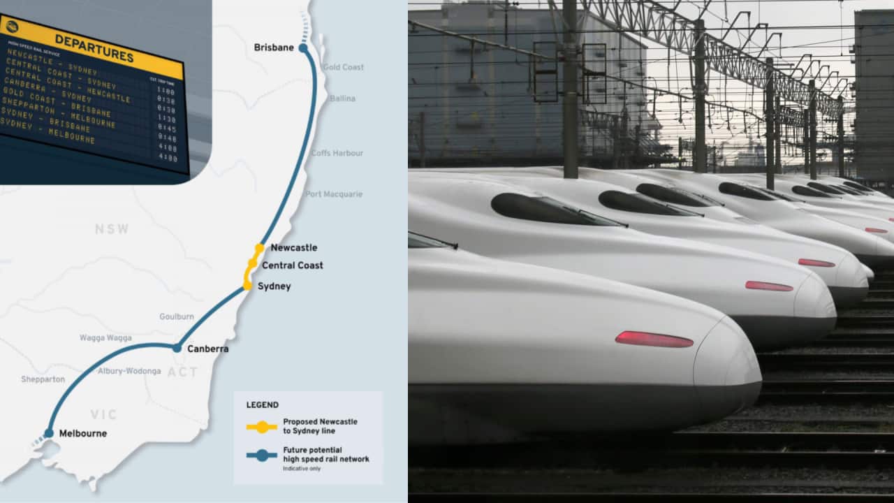 An image depicting high speed trains and a diagram depicting the new high speed rail project in Australia from Sydney- central coast- Newcastle