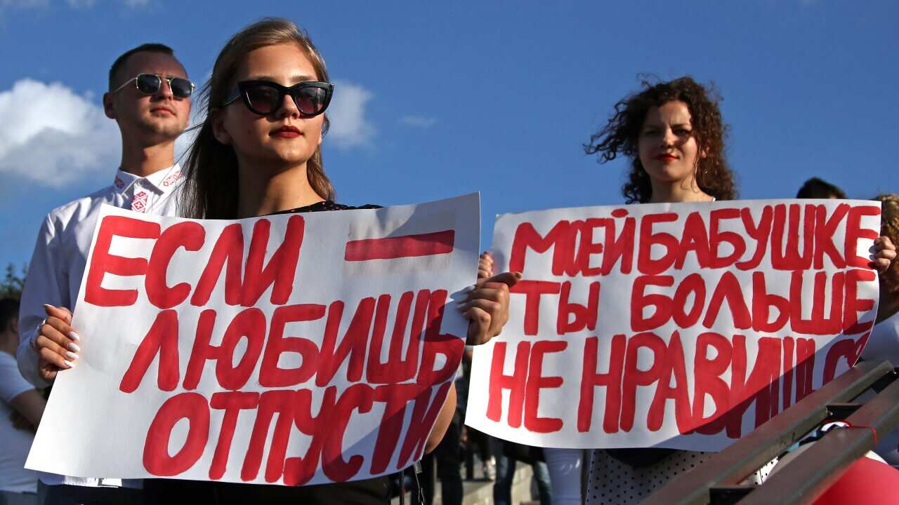 Protesters in Minsk, Belarus, on 15 August.