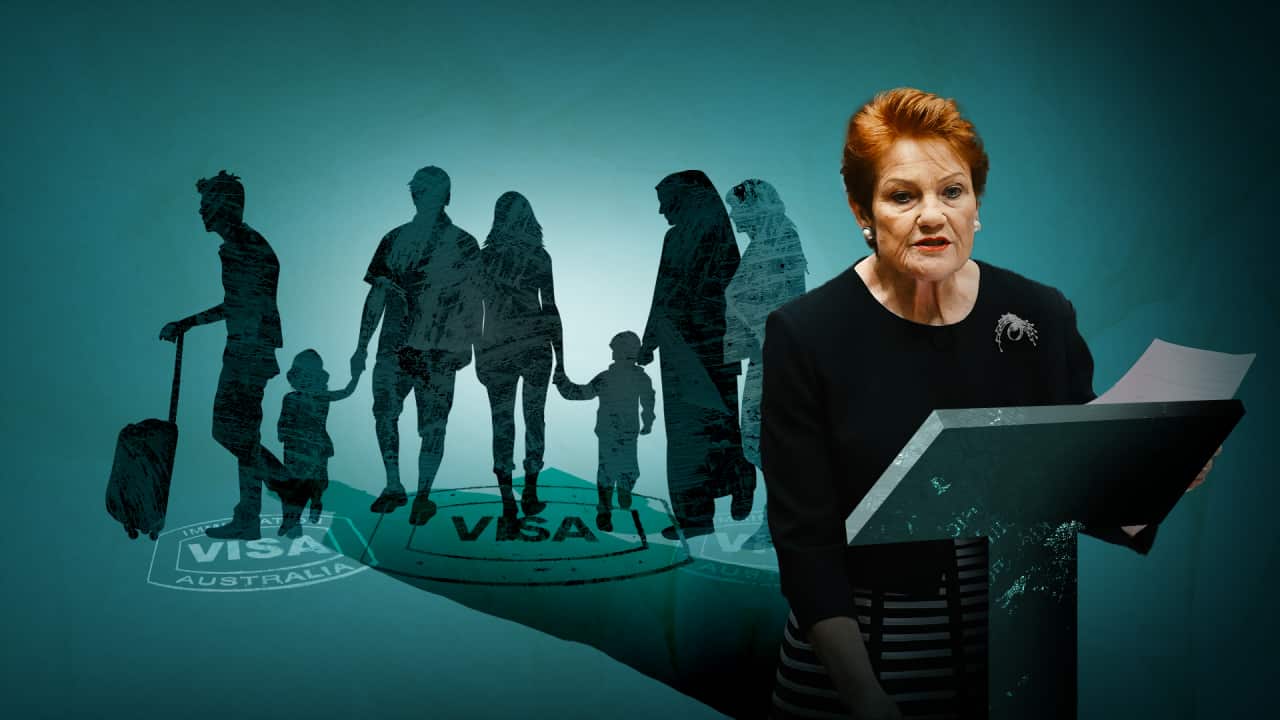 A line of immigrants stand in silhouette against a blue background. Pauline Hanson, a white woman with bright red hair, looms in the foreground.