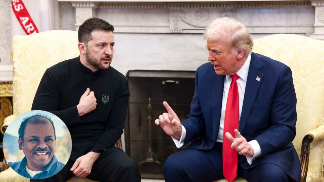 Ukrainian President Volodymyr Zelenskyy was invited to the White House where he had a meeting with US President Donald Trump and US Vice President JD Vance. What began as a polite meeting ended in hostility. (AAP/Mystyslav Chernov) & Karthik Velu (inserted image)
