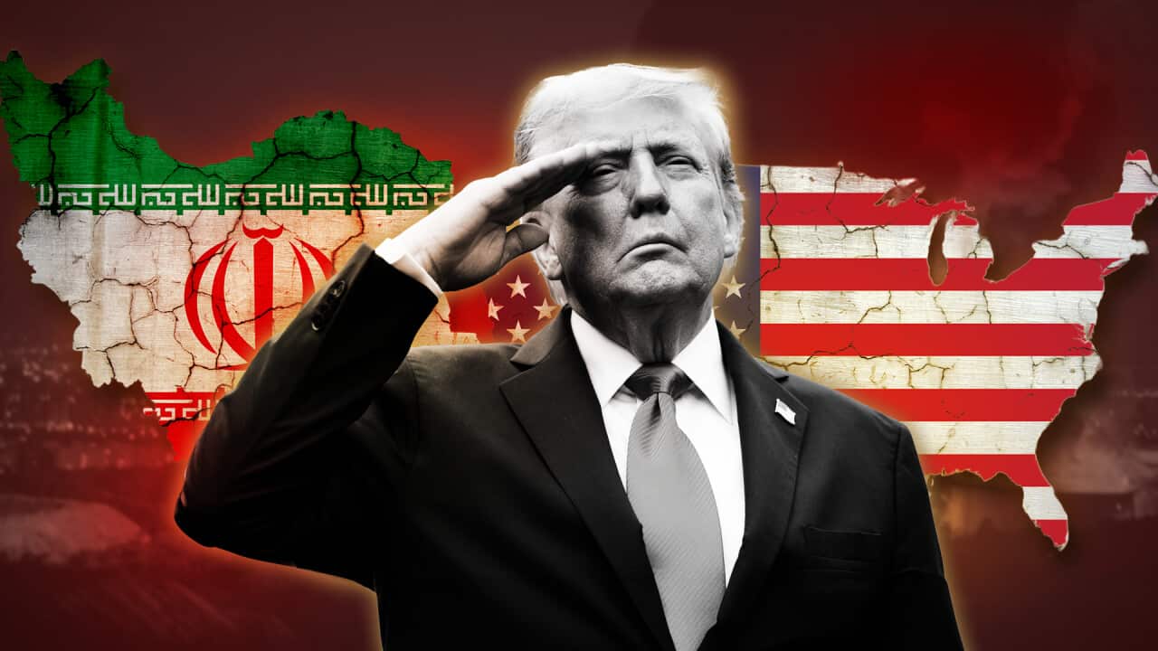 A composite image showing Donald Trump saluting against a backdrop showing flags of America and Iran.