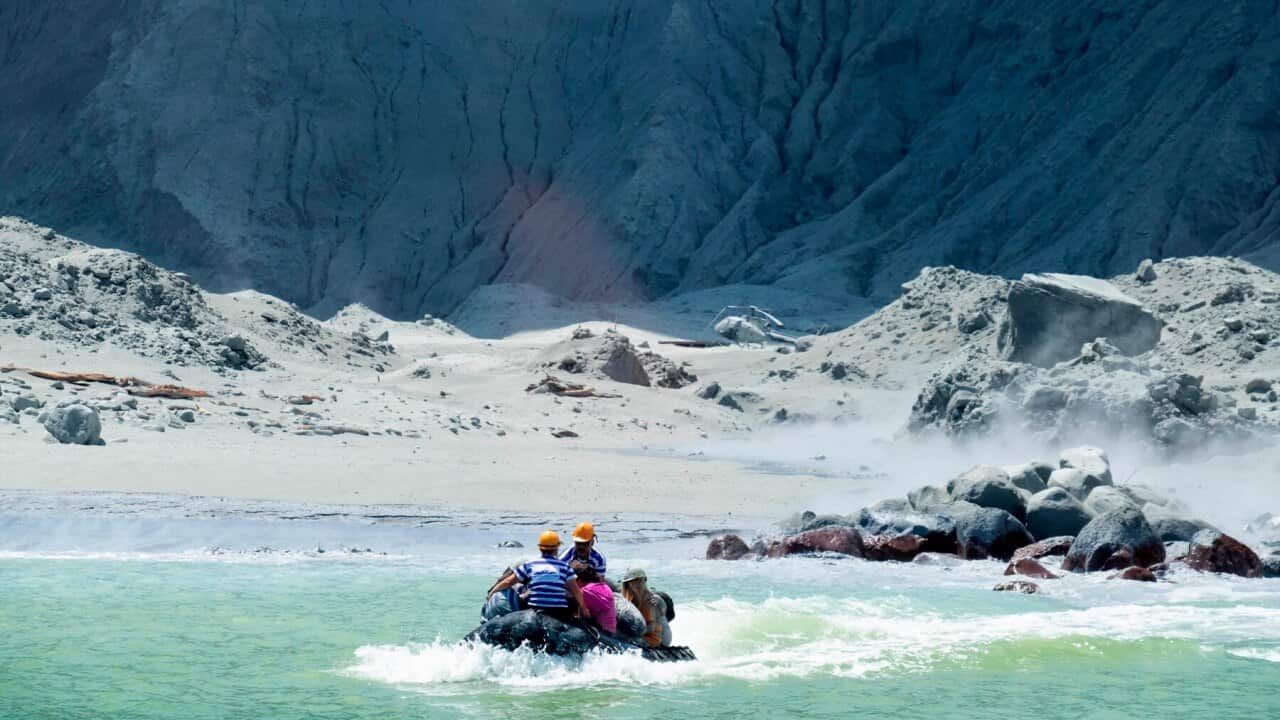A rescue boat near White Island following the eruption of the volcano