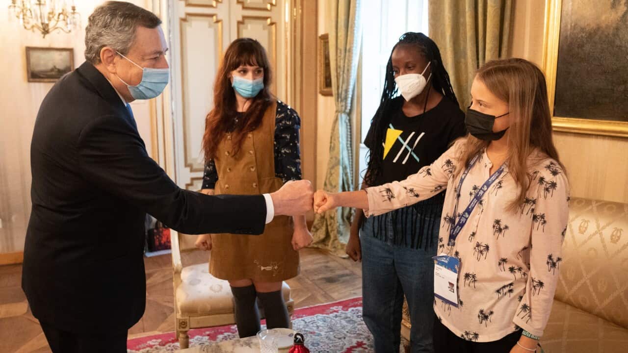 Italian Prime Minister Mario Draghi meeting with climate activists Greta Thunberg, Vanessa Nakate and Martina Comparelli.