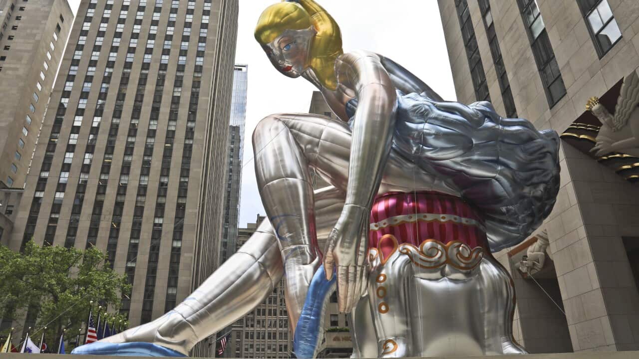 "Seated Ballerina", the public art exhibition of a 45-foot tall inflatable nylon sculpture depicting a seated ballerina from artist Jeff Koons' Antiquity series,