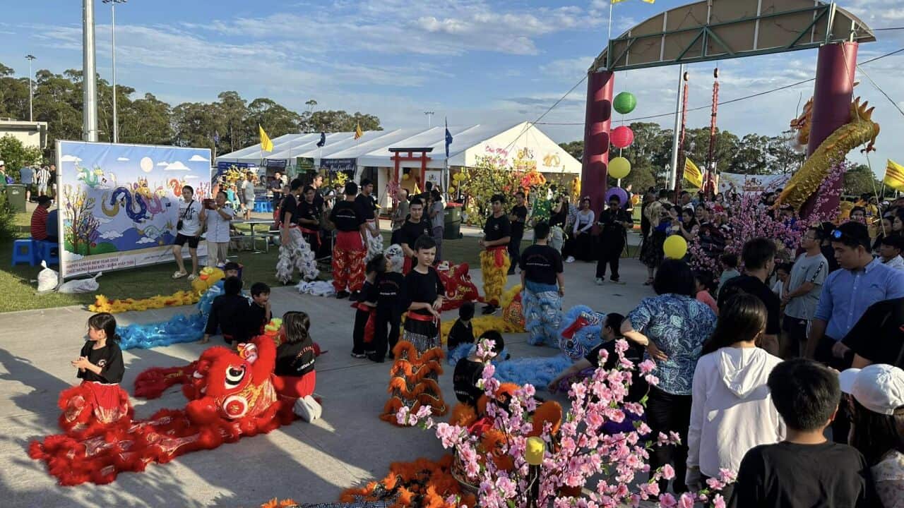 Đội Lân Rồng chuẩn bị cho lễ khai mạc Hội Chợ Tết Fairfield Showground, Sat 17-02-2024.jpg (SBS)