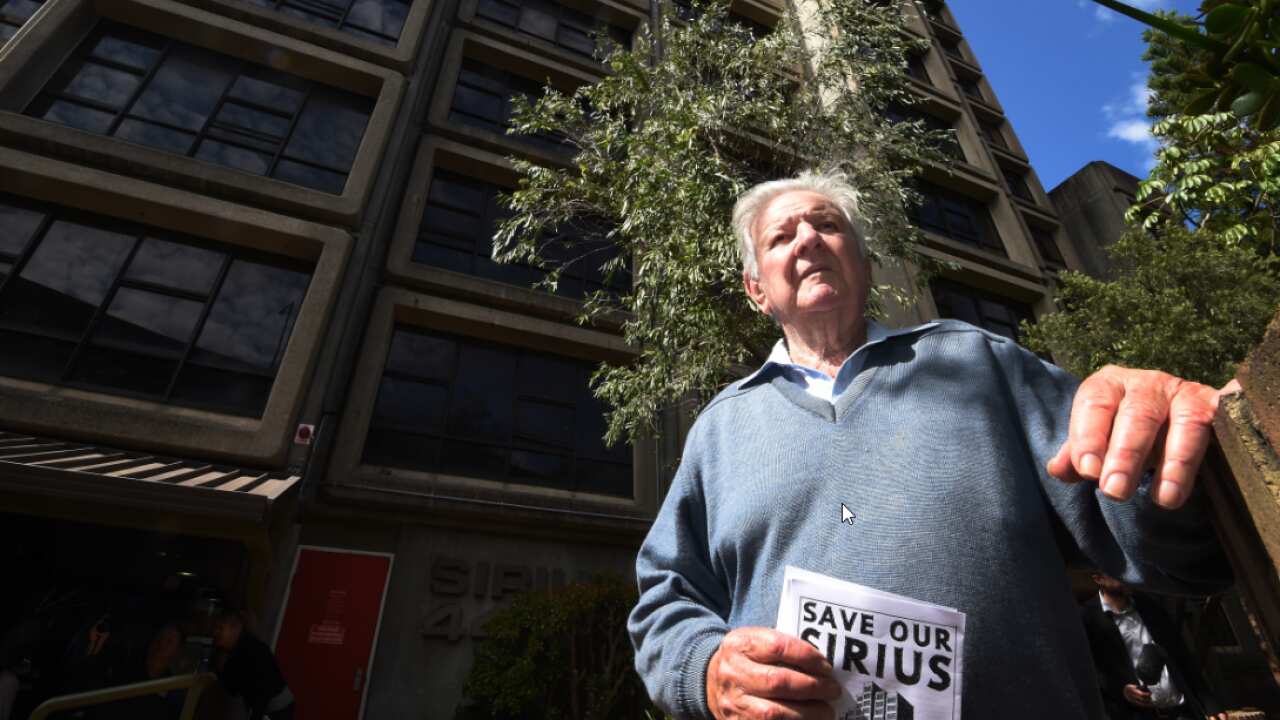 Jack Mundey outside the Sirius Apartments at 44 Cumberland Street in The Rocks, Sydney, Wednesday, Sept. 14, 2016