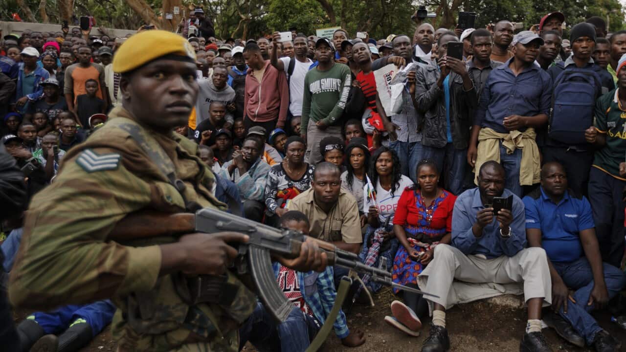 An army soldier stands guard as protesters demand President Robert Mugabe stands down.