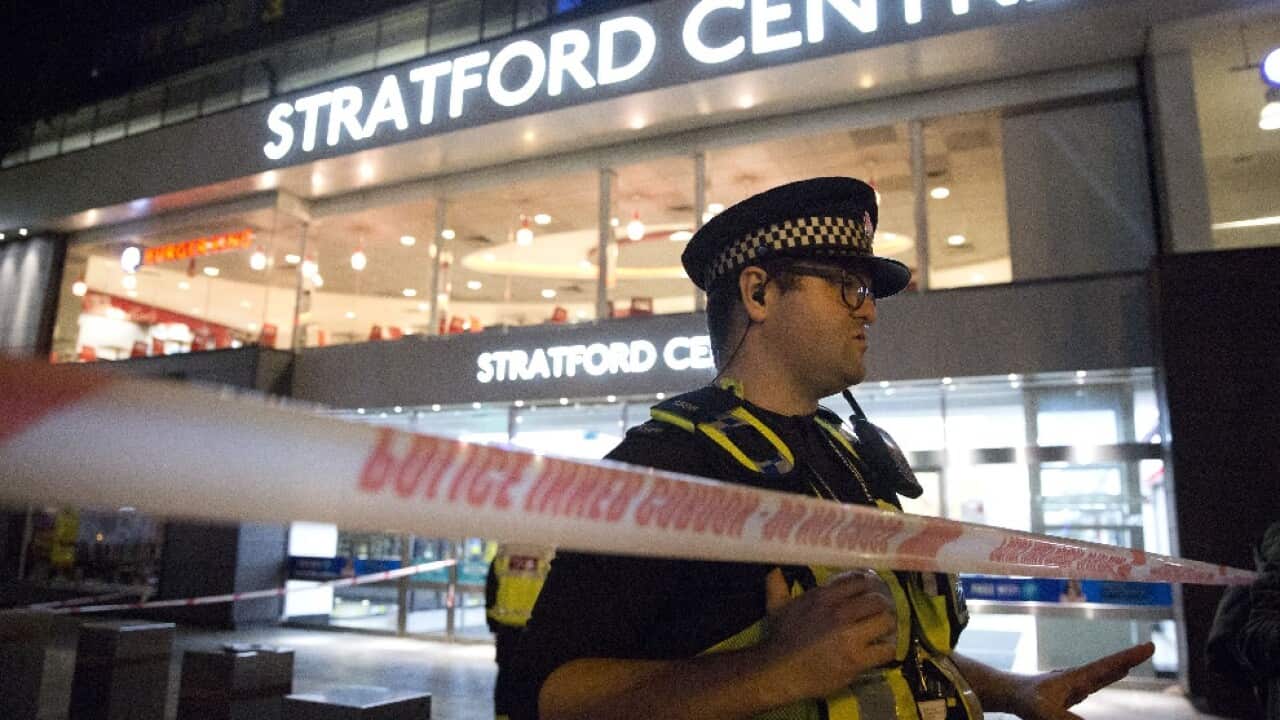 Emergency services at Stratford Centre in London following a suspected noxious substance attack.