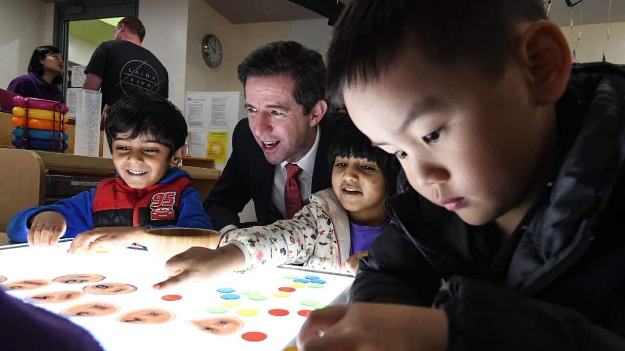 Minister Simon Birmingham at Rhodes Central Preschool Kindergarten on Friday.