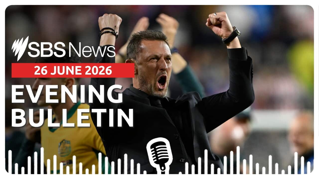 Socceroos coach Tony Popovic with his arms in the air expressing joy.